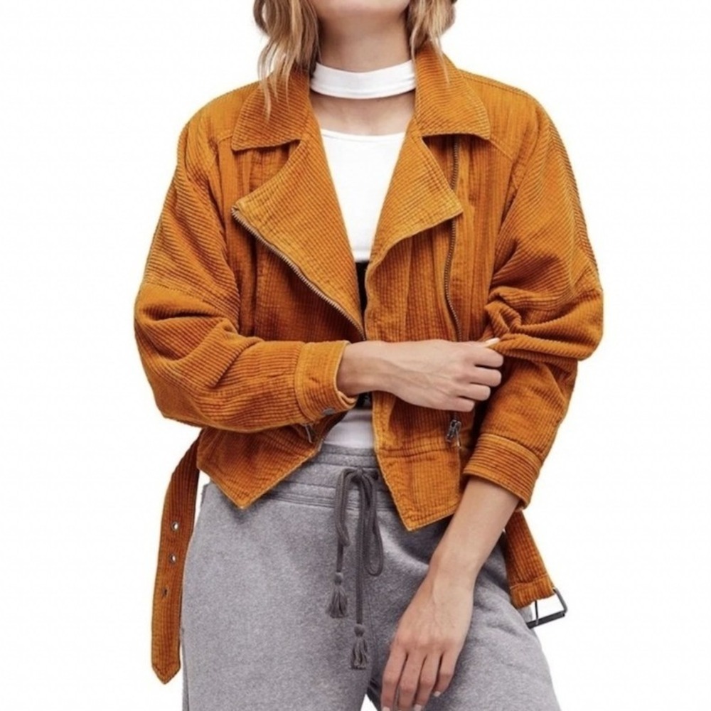 Free People Mustard Yellow Corduroy Moto Jacket Belted Cropped Biker MEDIUM‎